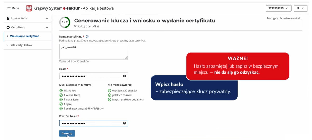 Генерация сертификата KSeF в MCU — раздел «Сертификаты»