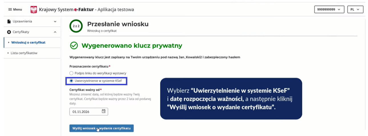 Подача заявки на сертификат KSeF — ввод названия и пароля
