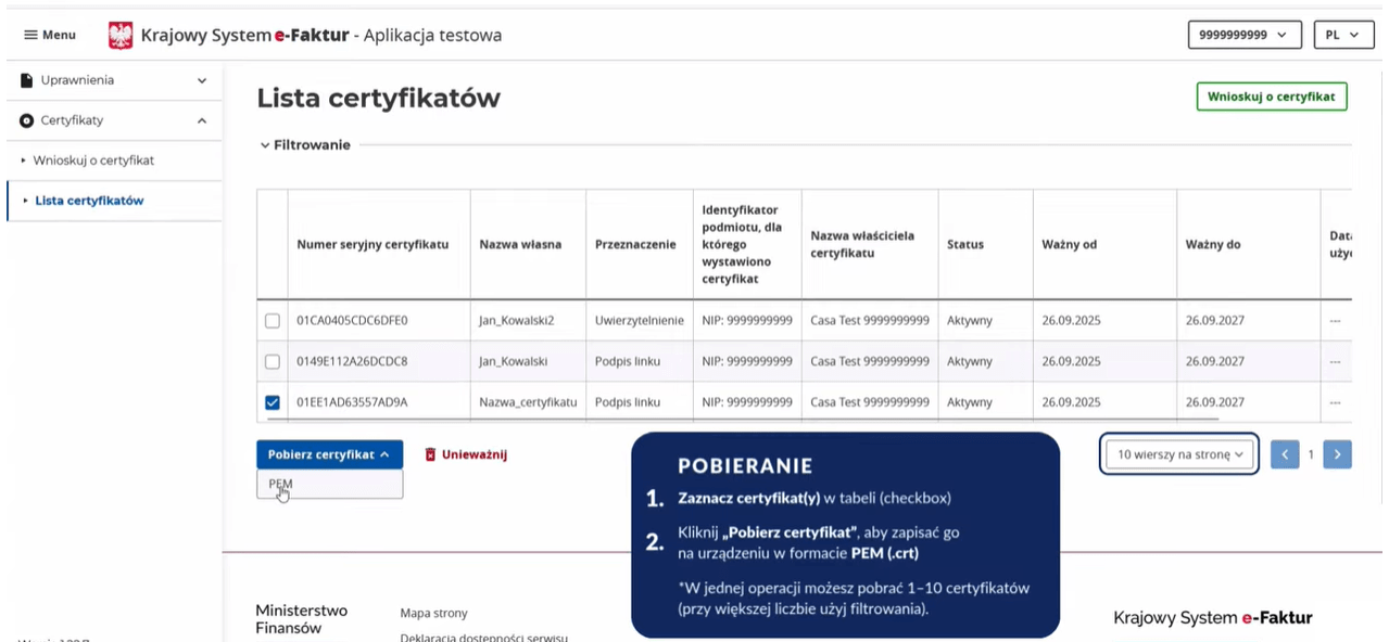 Указание даты начала действия сертификата KSeF в заявке